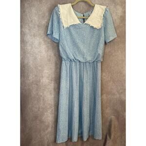 Vintage 80's Nancy II Blue & White Pebble Print Midi Dress w Peter Pan Collar 12